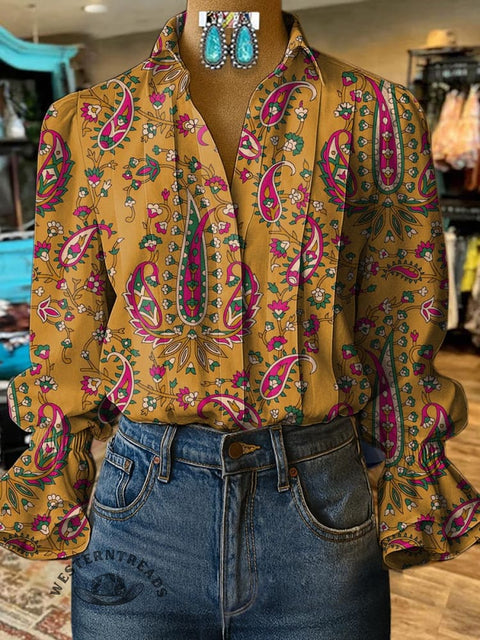 Women's Boho Art Floral Print Casual  Cotton And Linen Shirt