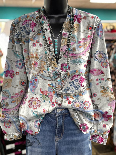 Women's Retro Floral Pattern Print Casual Cotton Shirt