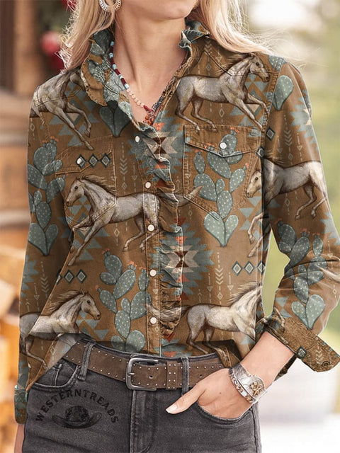 Women's Horse Catcus Aztec Print Casual Long Sleeve Comfortable Cotton Shirt