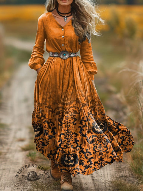 Women's Helloween Pumpkin Floral Print V-Neck Button Pocket Cotton Dress