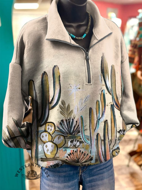 Wild West Art Print Casual Long Sleeve Zip Sweatshirt