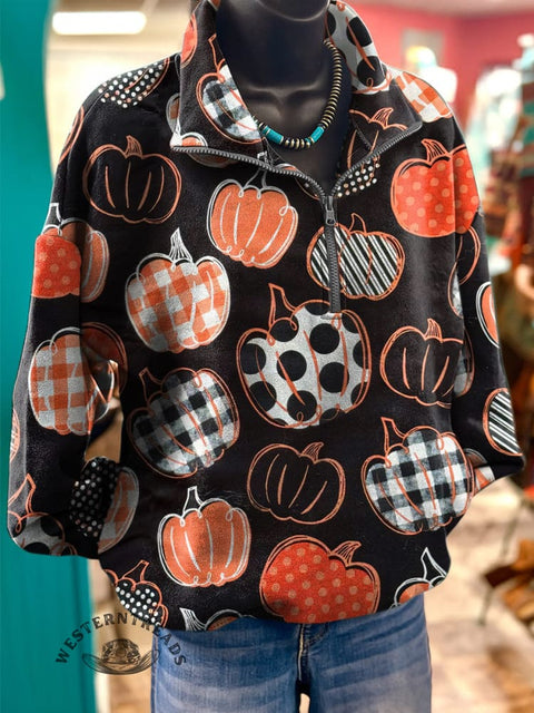 Pumpkin Art Pattern Print Casual Long Sleeve Zip Sweatshirt