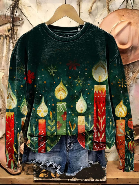 Christmas Candle Art Print Casual Cotton Sweatshirt
