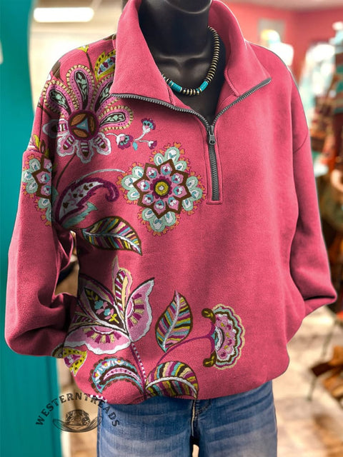 Simple Floral Art Print Casual Long Sleeve Zip Sweatshirt