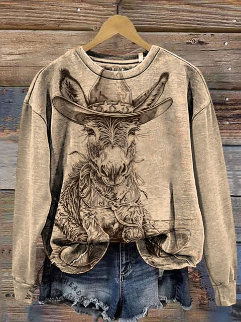 Cowboy Donkey Art Print Casual Cotton Sweatshirt