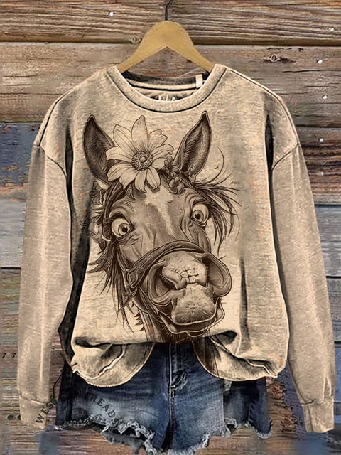 Funny Horse Art Print Casual Cotton Sweatshirt