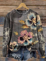 Retro Floral Print Casual Cotton Sweatshirt