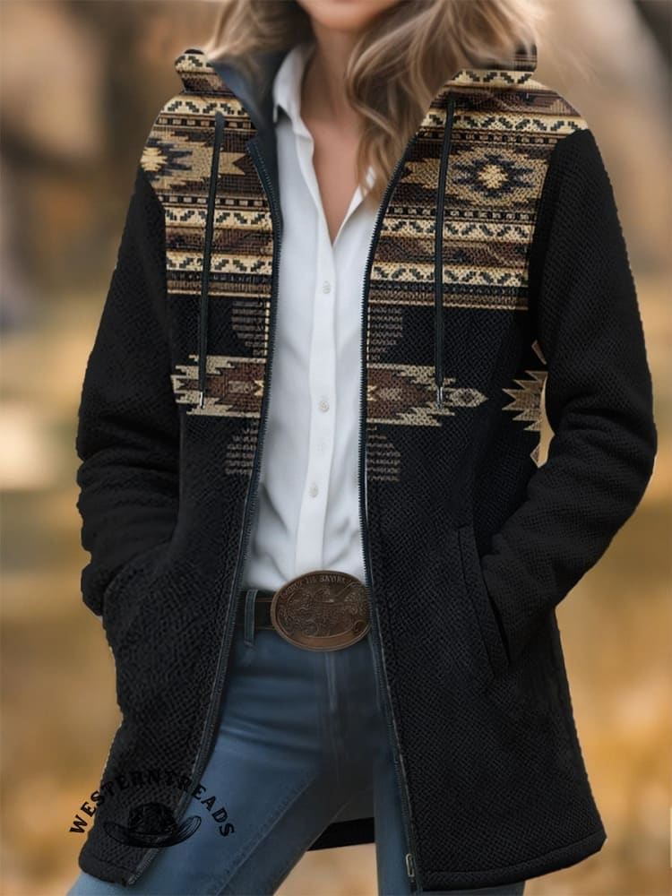 Aztec Print Unisex Plush Thick Long-Sleeved Cardigan Coat