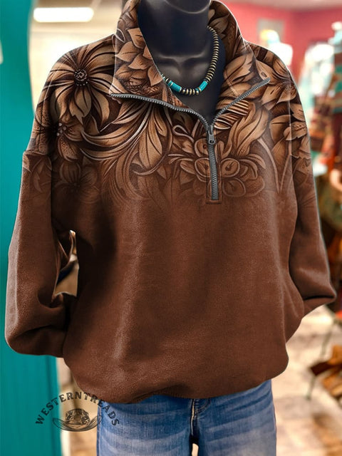Leather Embossing Print Casual Long Sleeve Zip Sweatshirt