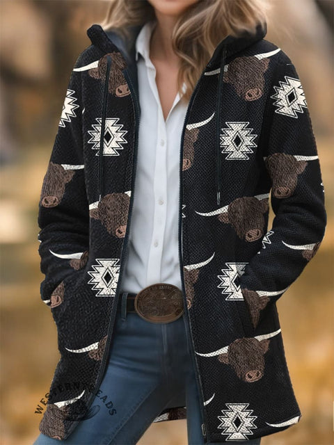 Aztec Cow Unisex Plush Thick Long-Sleeved Cardigan Coat