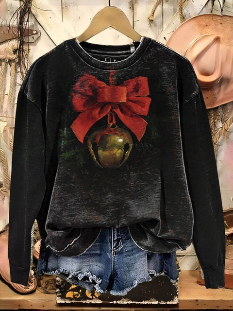 Jingle Bell Bow Casual Cotton Sweatshirt