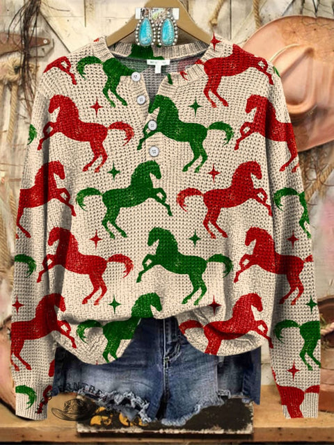 Christmas Horse Print Buttoned Cardigan Sweater