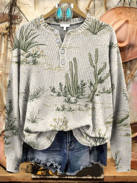 Wild Catcus Print Buttoned Cardigan Sweater