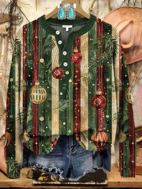 Christmas Lights Stripe Pattern Print Buttoned Cardigan Sweater