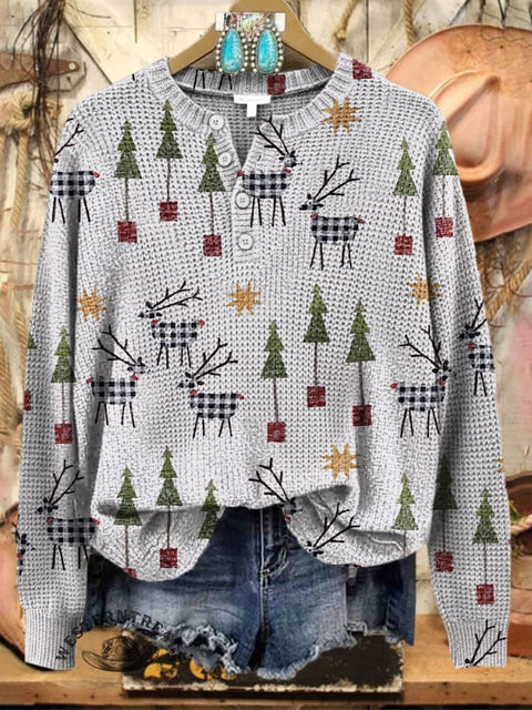 Christmas Tree Elf Print Buttoned Cardigan Sweater