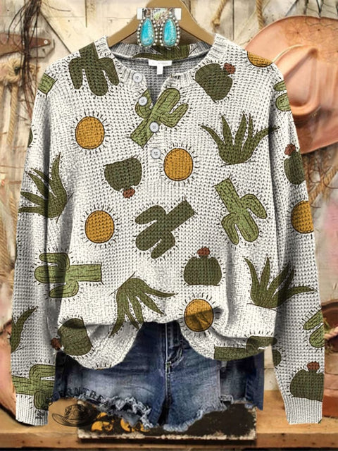 Catcus Pattern Print Buttoned Cardigan Sweater