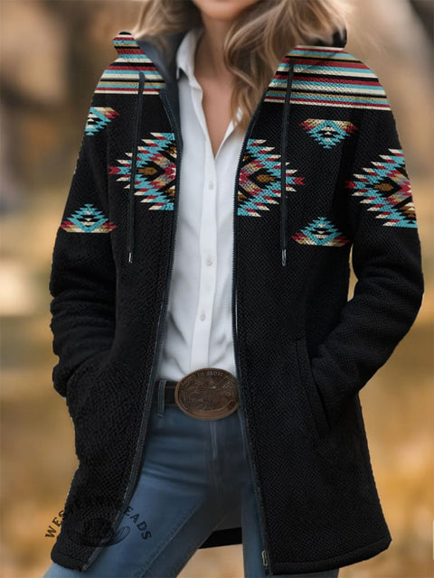 Aztec Texture Unisex Plush Thick Long-Sleeved Cardigan Coat