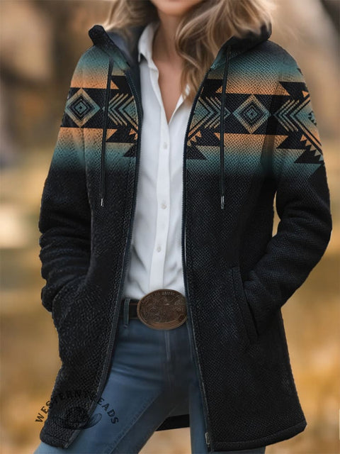 Aztec Texture Unisex Plush Thick Long-Sleeved Cardigan Coat