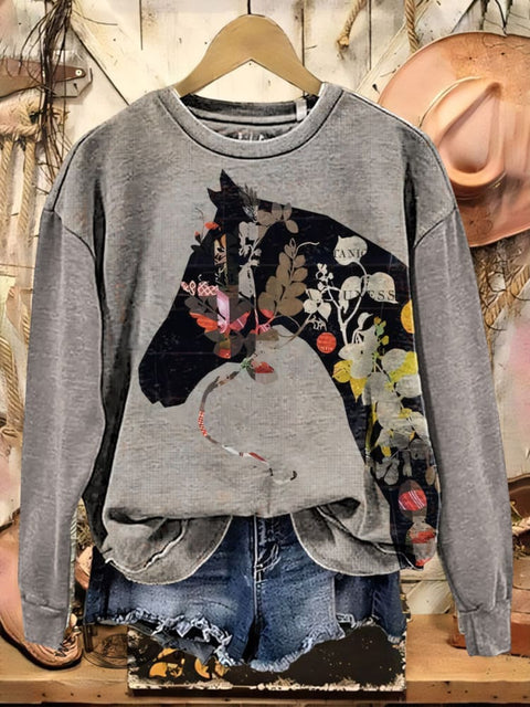 Floral Horse Casual Cotton Sweatshirt