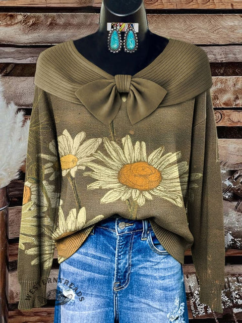 Floral Art Print Buttoned Cardigan Sweater