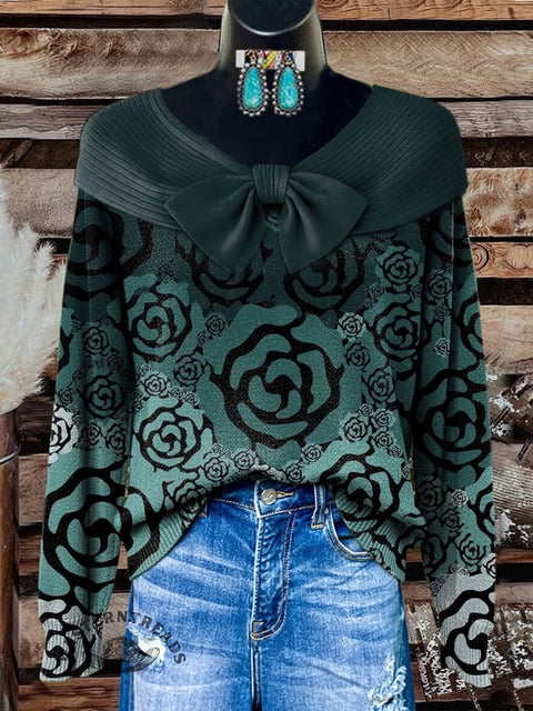 Floral Art Print Buttoned Cardigan Sweater