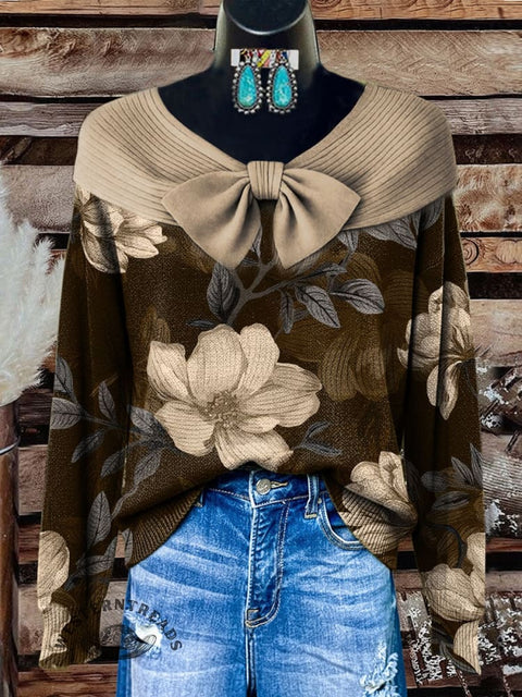 Floral Art Print Buttoned Cardigan Sweater