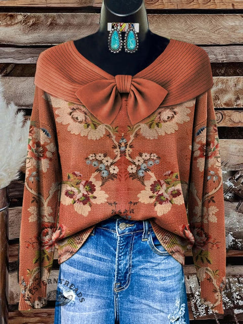 Floral Art Pattern Print Buttoned Cardigan Sweater