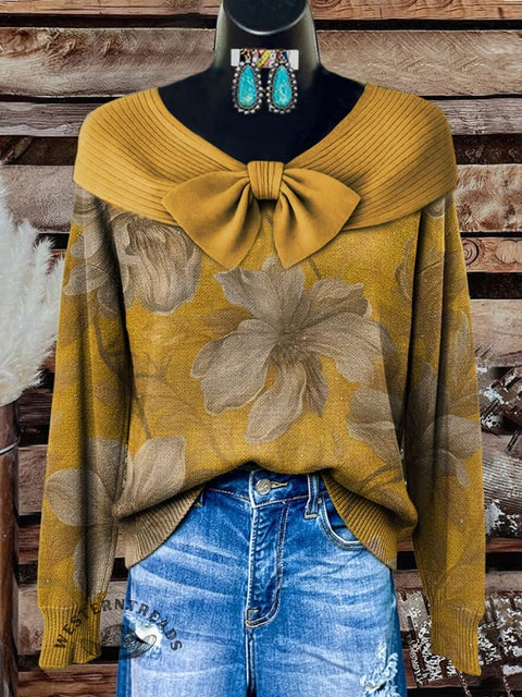 Floral Art Pattern Print Buttoned Cardigan Sweater
