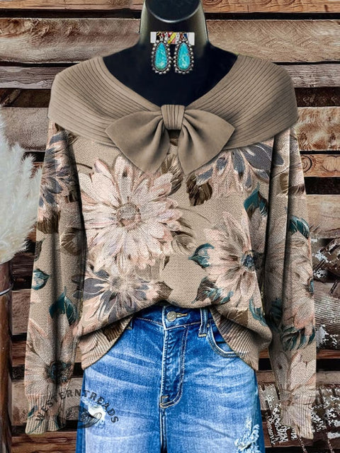 Floral Art Pattern Print Buttoned Cardigan Sweater