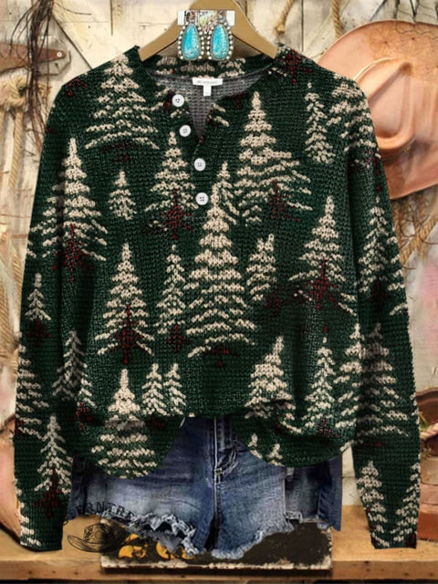 Christmas Tree Pattern Print Buttoned Cardigan Sweater