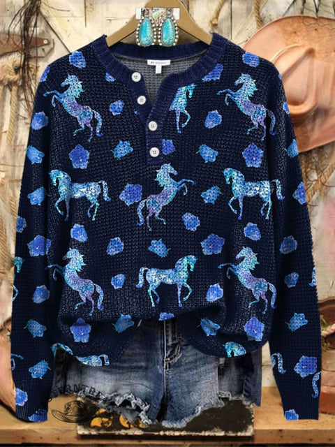 Horse Floral Pattern Print Buttoned Cardigan Sweater