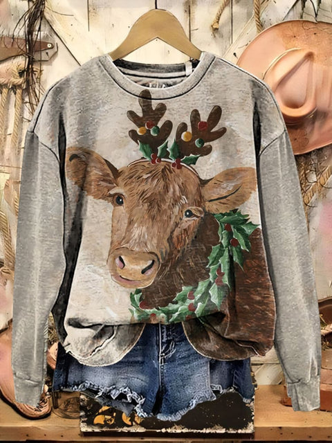Christmas Cow Print Casual Cotton Sweatshirt