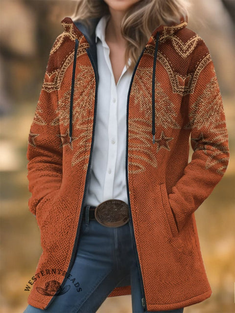 Cowboy Boot Stitch Unisex Plush Thick Long-Sleeved Cardigan Coat