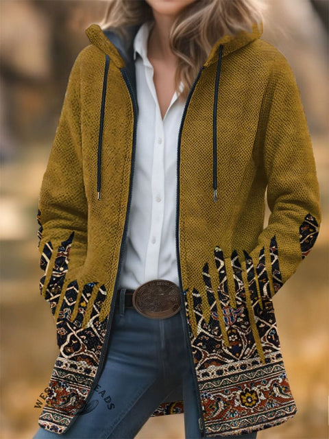 Totem Print Unisex Plush Thick Long-Sleeved Cardigan Coat