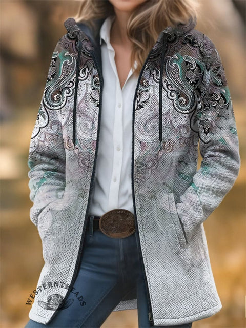 Paisley Pattern Unisex Plush Thick Long-Sleeved Cardigan Coat
