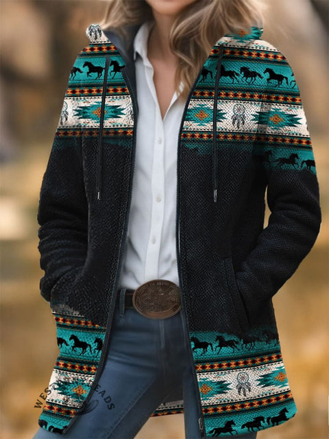 Western Pattern Unisex Plush Thick Long-Sleeved Cardigan Coat