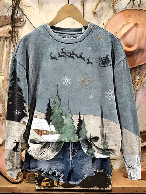 Christmas Art Print Casual Cotton Sweatshirt