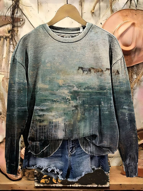 Horse Art Print Casual Cotton Sweatshirt
