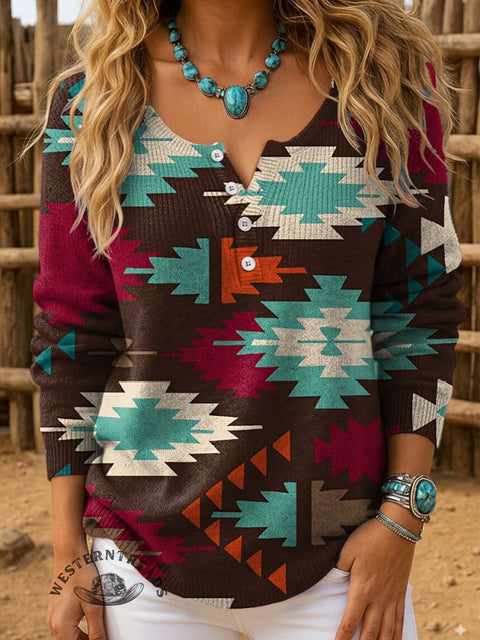 Aztec Print Buttoned Cardigan Sweater