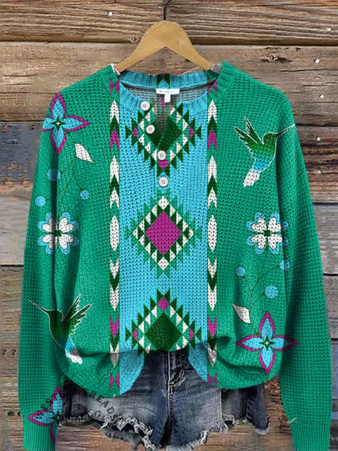 Floral Geometric Print Buttoned Cardigan Sweater