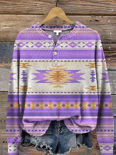 Purple Aztec Print Buttoned Cardigan Sweater