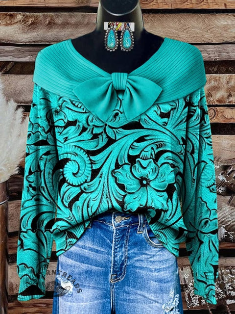 Turquoise Floral Print Buttoned Cardigan Sweater