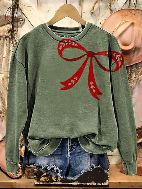 Christmas Bow Print Casual Cotton Sweatshirt