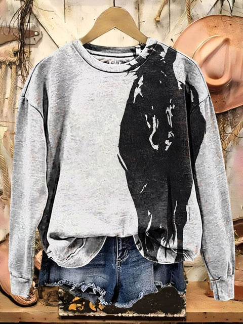Simple Horse Art Print Casual Cotton Sweatshirt
