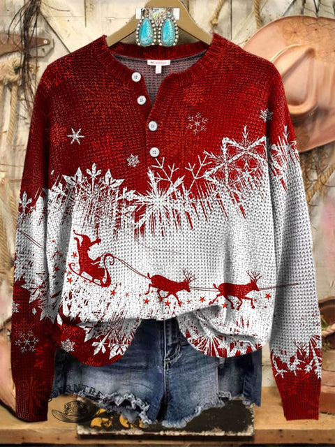 Christmas Art Print Buttoned Cardigan Sweater