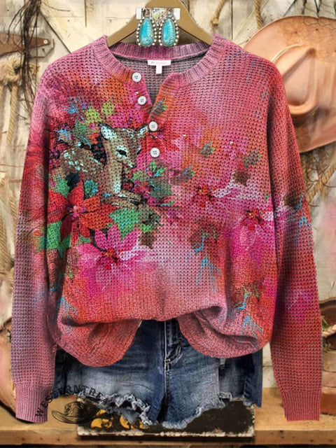 Christmas Elf Floral Print Buttoned Cardigan Sweater