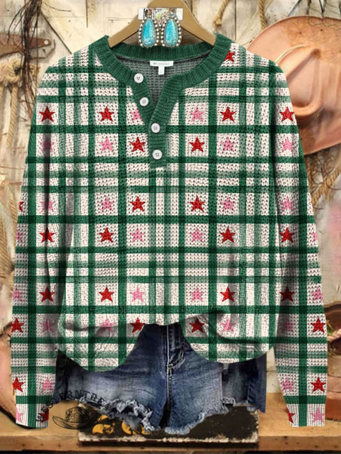 Christmas Plaid Stars Print Buttoned Cardigan Sweater