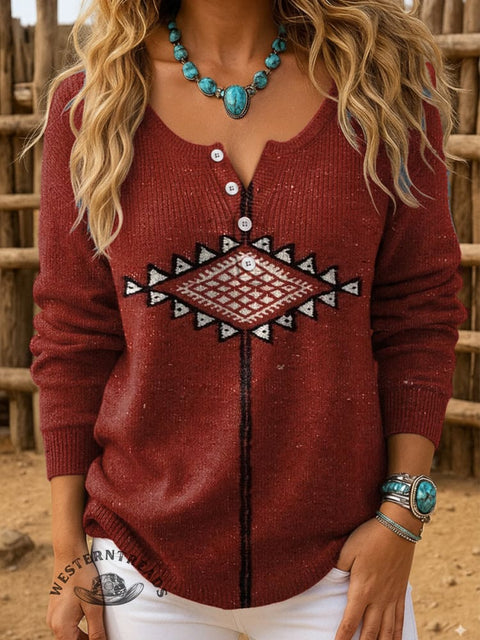 Retro Aztec Print Buttoned Cardigan Sweater