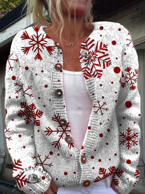 Simple Snow Pattern Print Buttoned Cardigan Sweater