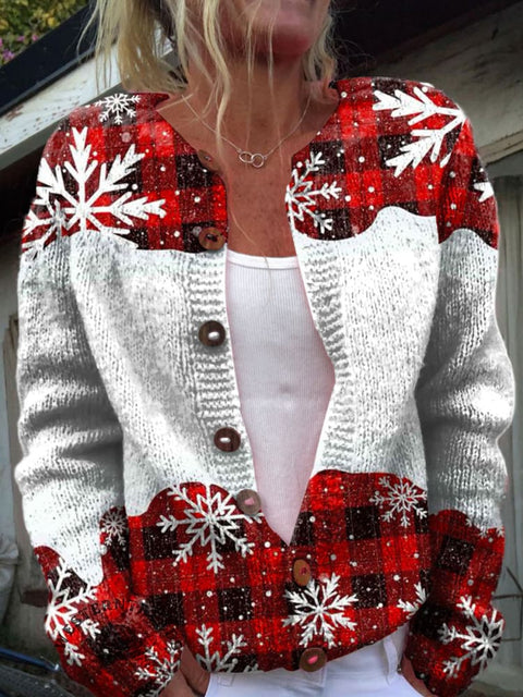 Retro Snow Plaid Pattern Print Buttoned Cardigan Sweater